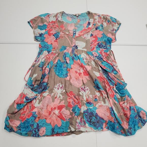 Joe Browns Dress Womens 14 Multicolor Floral Short Sleeve Tie Back Whimsy Boho - Picture 1 of 9